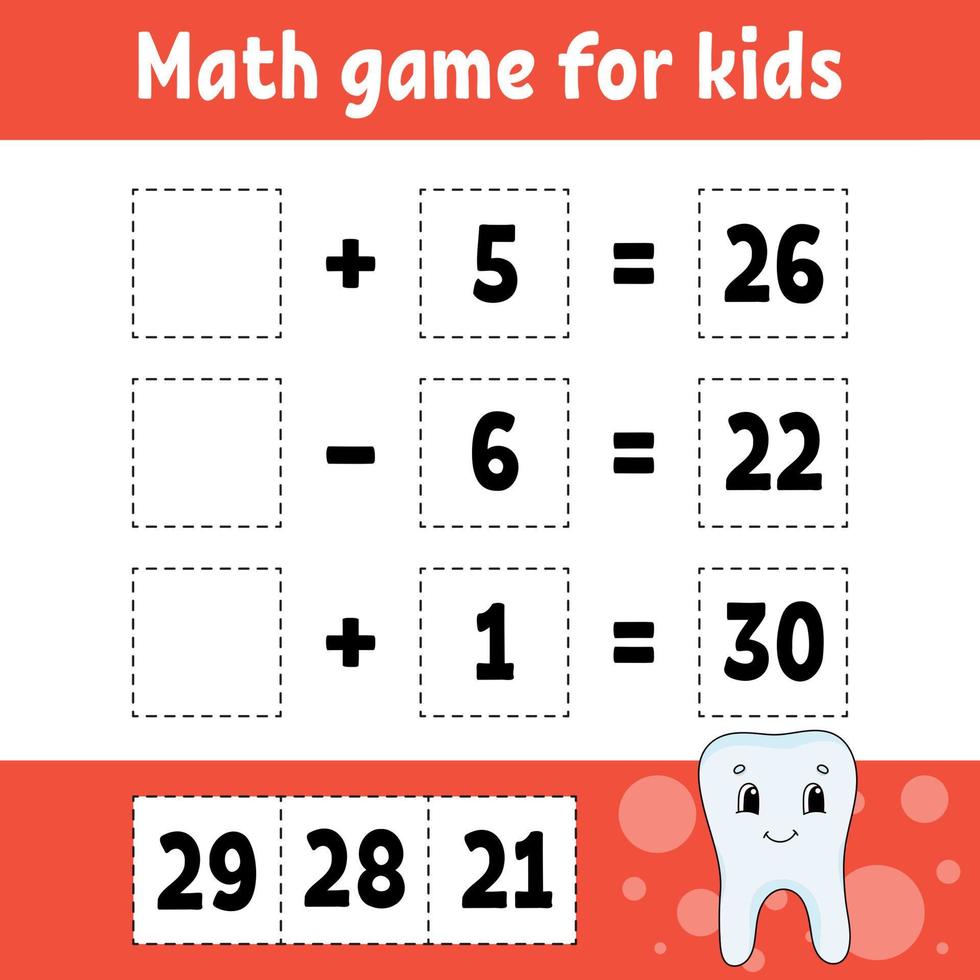 Math game for kids. Education developing worksheet. Activity page with pictures. Game for children. Color isolated vector illustration. Funny character. Cartoon style.