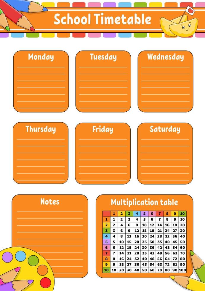 School timetable with multiplication table. For the education of children. Isolated on a white background. With a cute cartoon character. vector