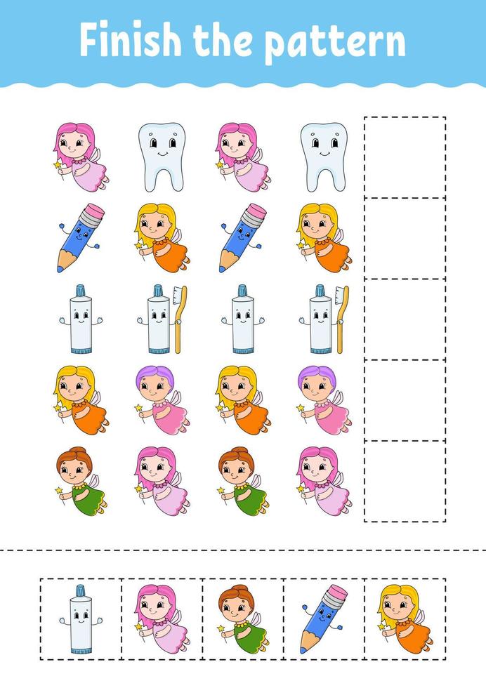 Finish the pattern. Cut and play. Education developing worksheet. Activity page. cartoon character. Vector illustration.