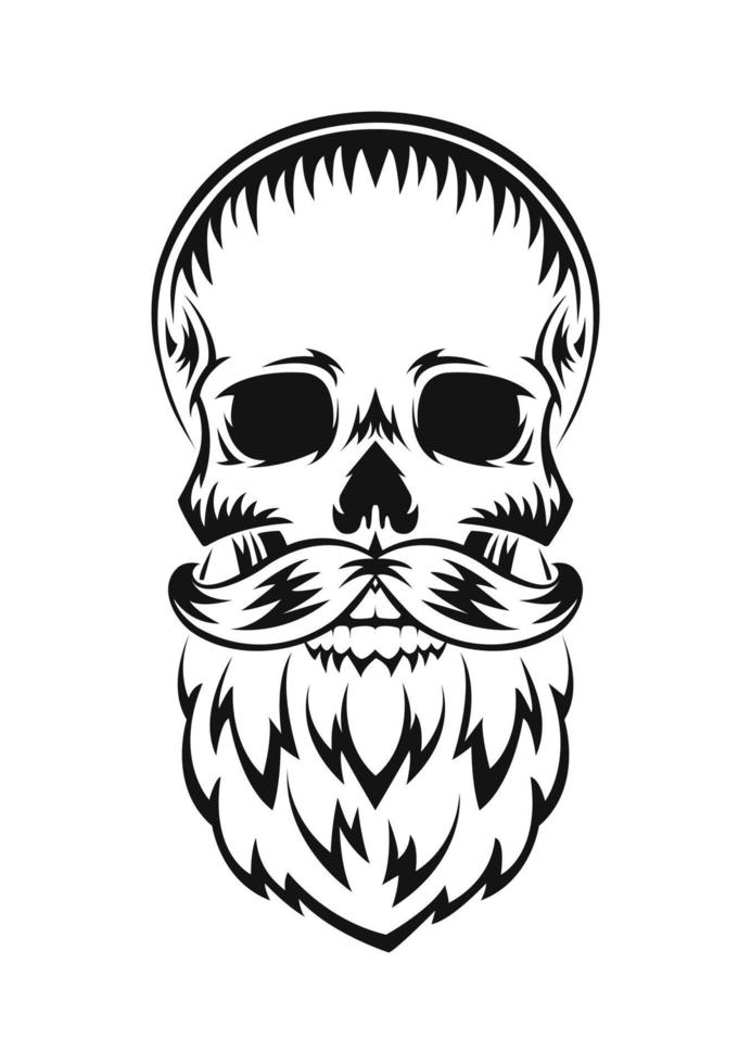 Human skull with beard and mustache. Black silhouette. Design element. Hand drawn sketch. Vintage style. Vector illustration.