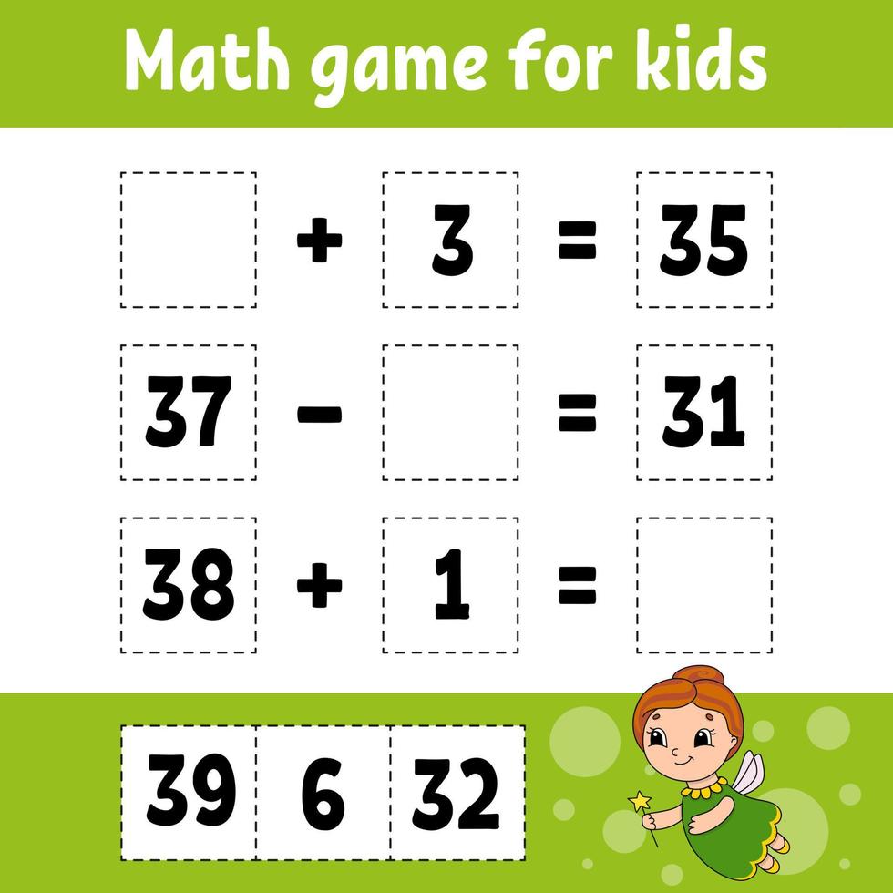 Math game for kids. Education developing worksheet. Activity page with pictures. Game for children. Color isolated vector illustration. Funny character. Cartoon style.