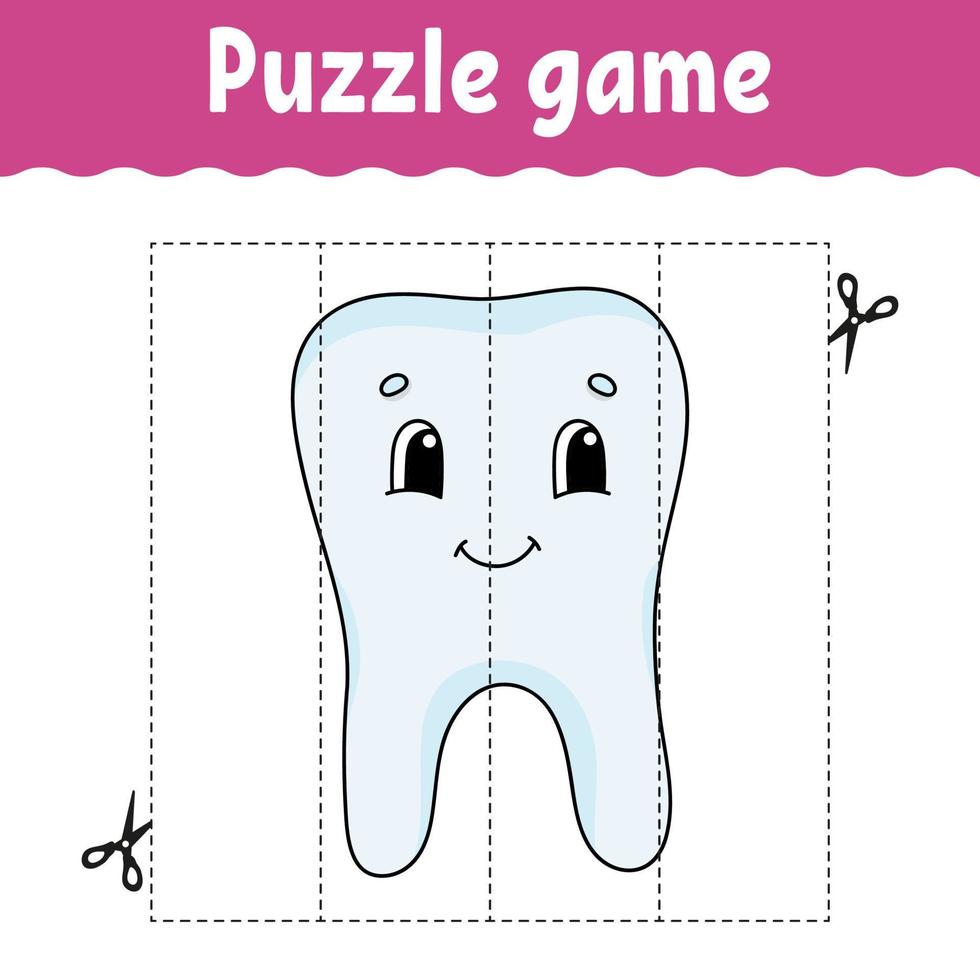 Puzzle game for kids. Cutting practice. Education developing worksheet. Activity page. cartoon character. Vector illustration.