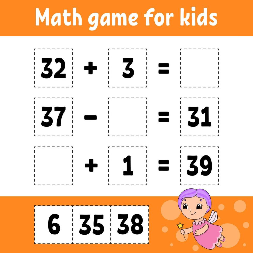 Math game for kids. Education developing worksheet. Activity page with pictures. Game for children. Color isolated vector illustration. Funny character. Cartoon style.