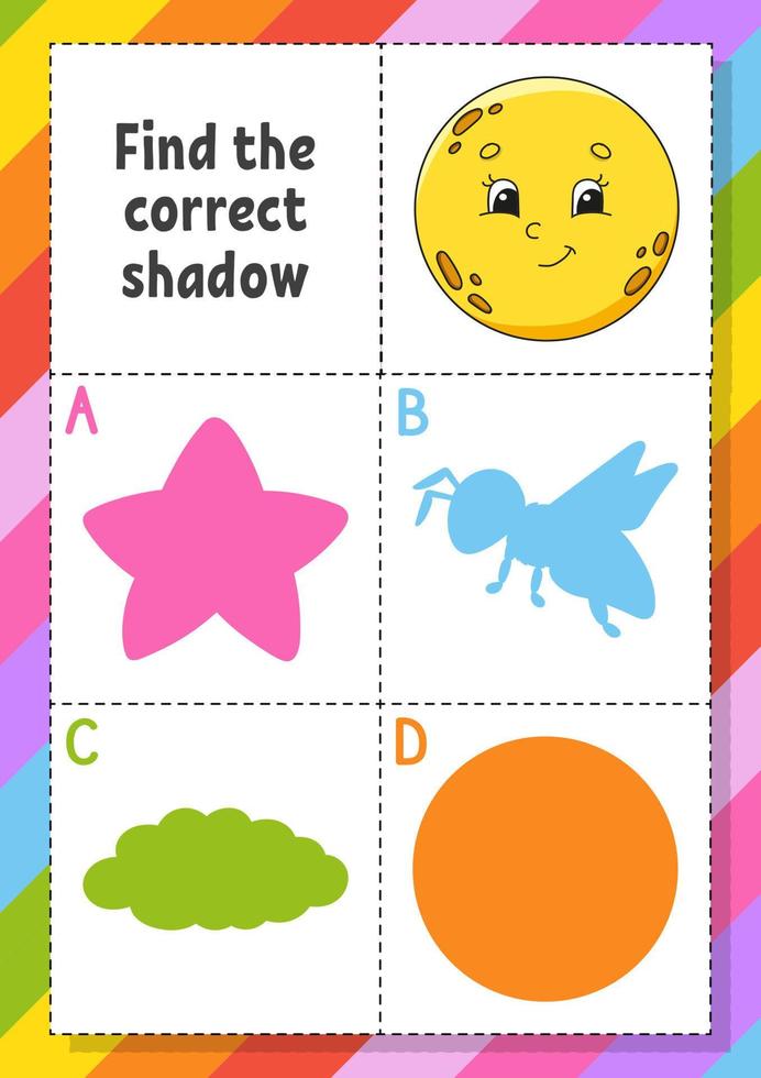 Find the correct shadow. Education developing worksheet for kids. Puzzle game. Activity page. cartoon character. Vector illustration.