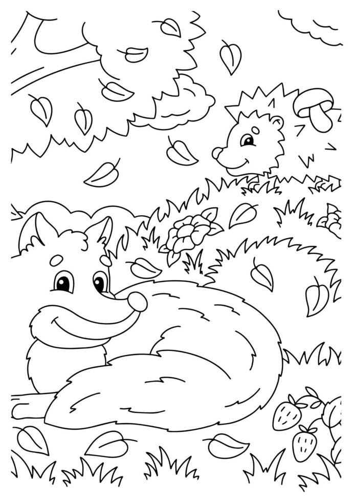 Cute fox in the autumn forest. Coloring book page for kids. Cartoon