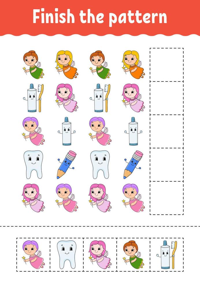 Finish the pattern. Cut and play. Education developing worksheet. Activity page. cartoon character. Vector illustration.