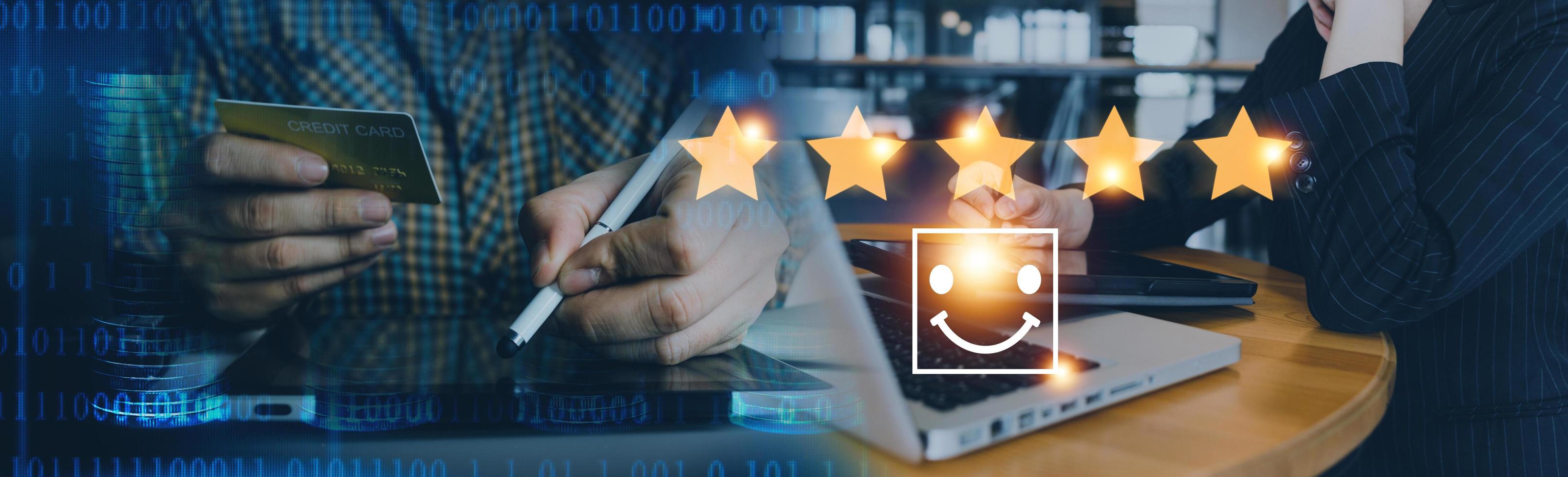 Customer evaluation feedback.men in suit Giving Positive Review for Client's Satisfaction Surveys.giving a five star rating. Service rating, satisfaction concept photo