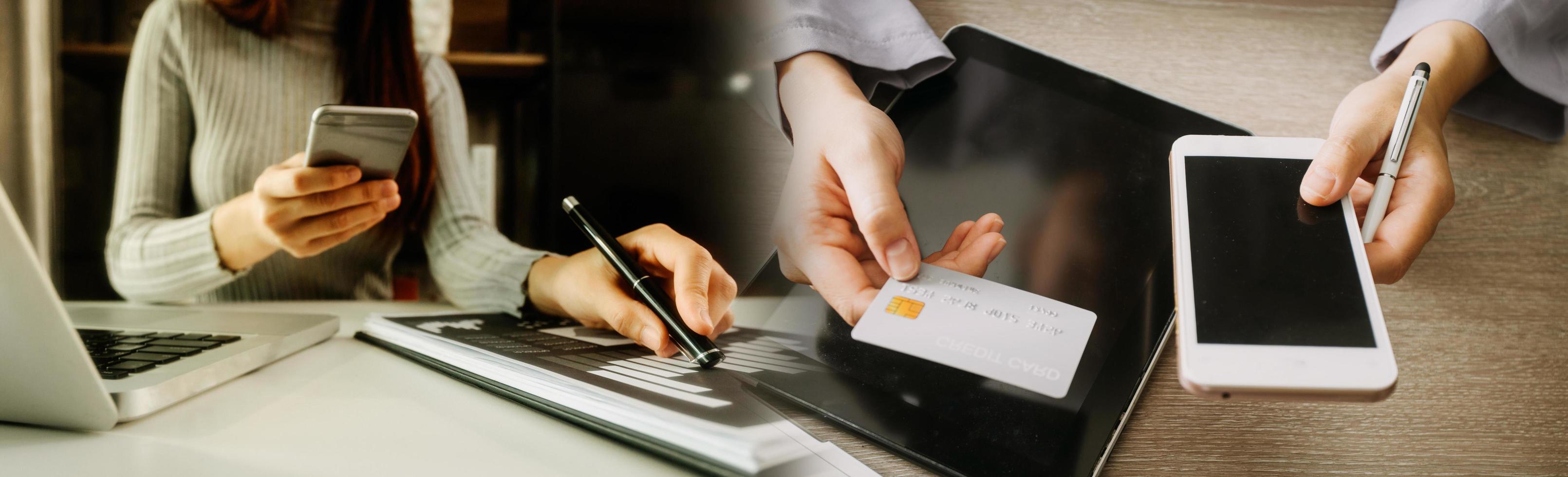 Business man using credit card and calculator for shopping online ,selective focus. photo