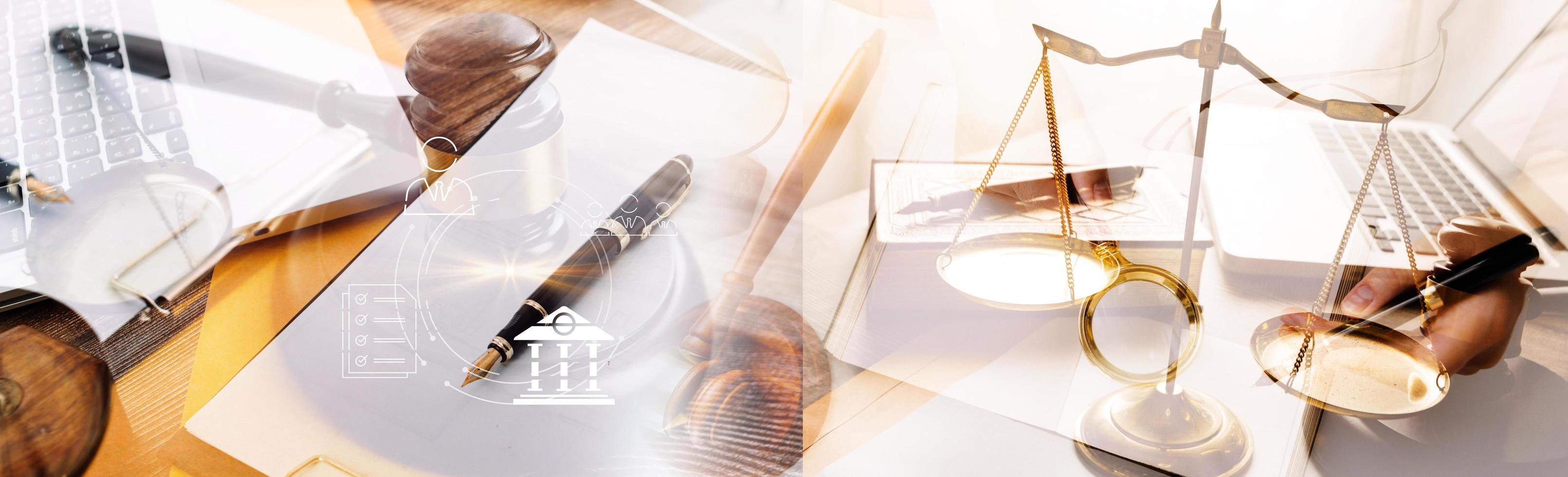 Justice and law concept.Male judge in a courtroom with the gavel, working with, computer and docking keyboard, eyeglasses, on table in morning light photo