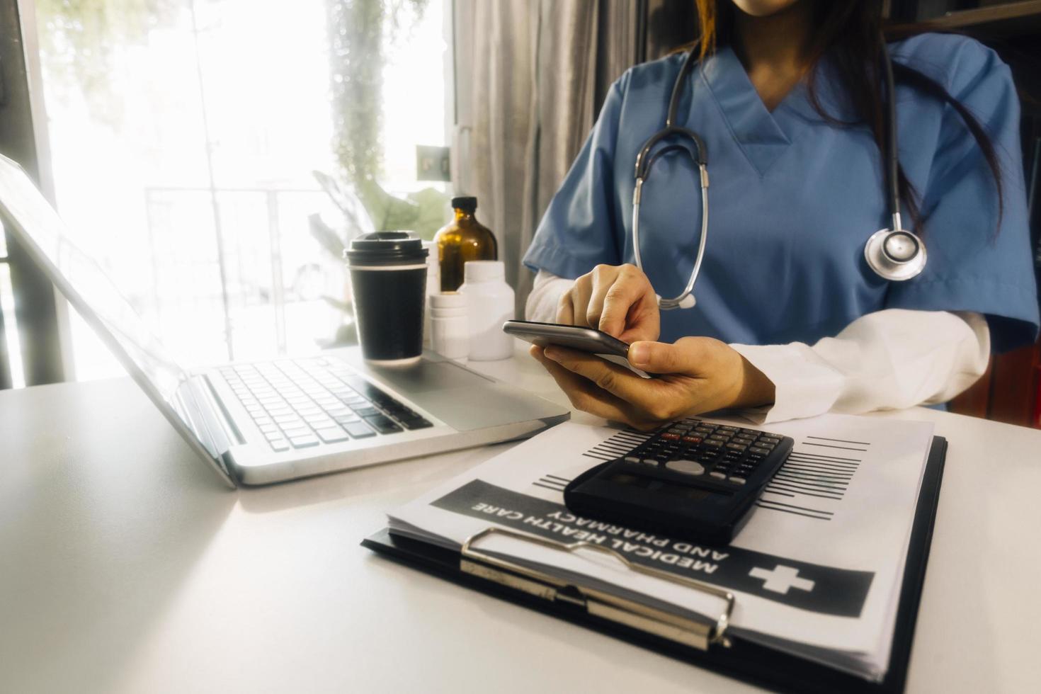 Double exposure of technology healthcare And Medicine concept. Doctors using digital tablet and modern virtual screen interface icons panoramic banner, blurred background. photo
