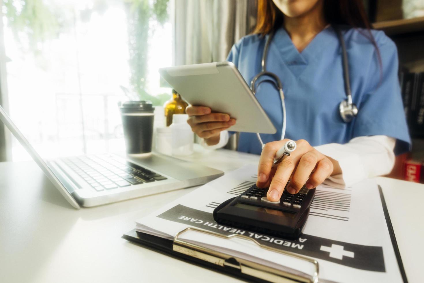 Double exposure of technology healthcare And Medicine concept. Doctors using digital tablet and modern virtual screen interface icons panoramic banner, blurred background. photo