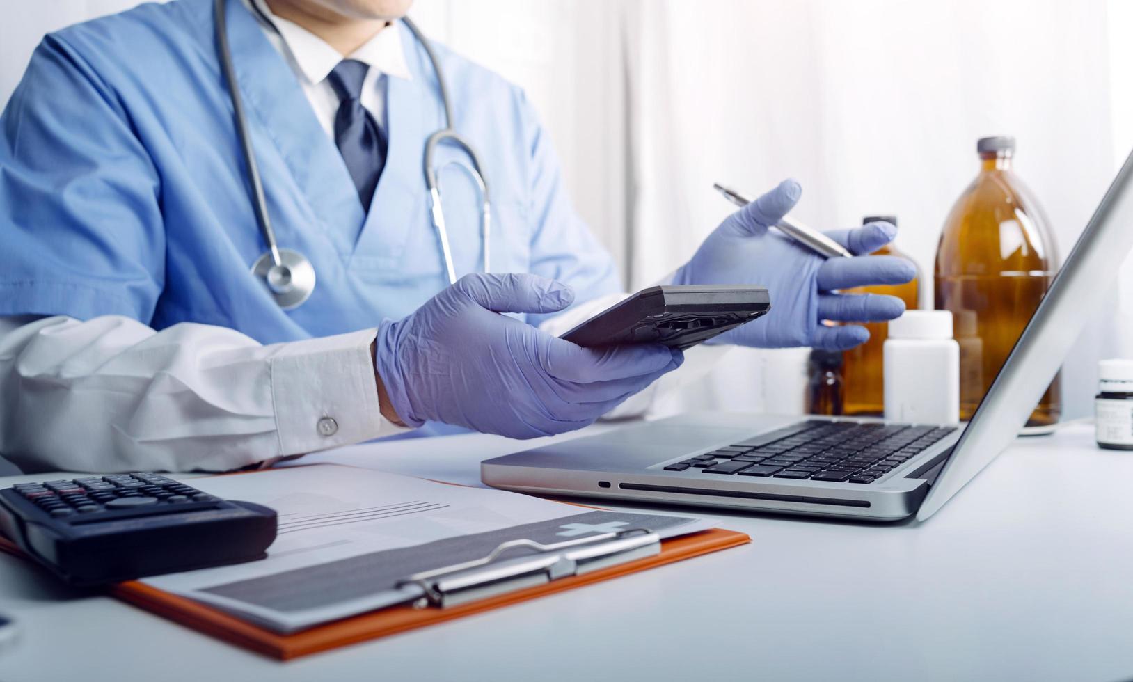 Double exposure of technology healthcare And Medicine concept. Doctors using digital tablet and modern virtual screen interface icons panoramic banner, blurred background. photo