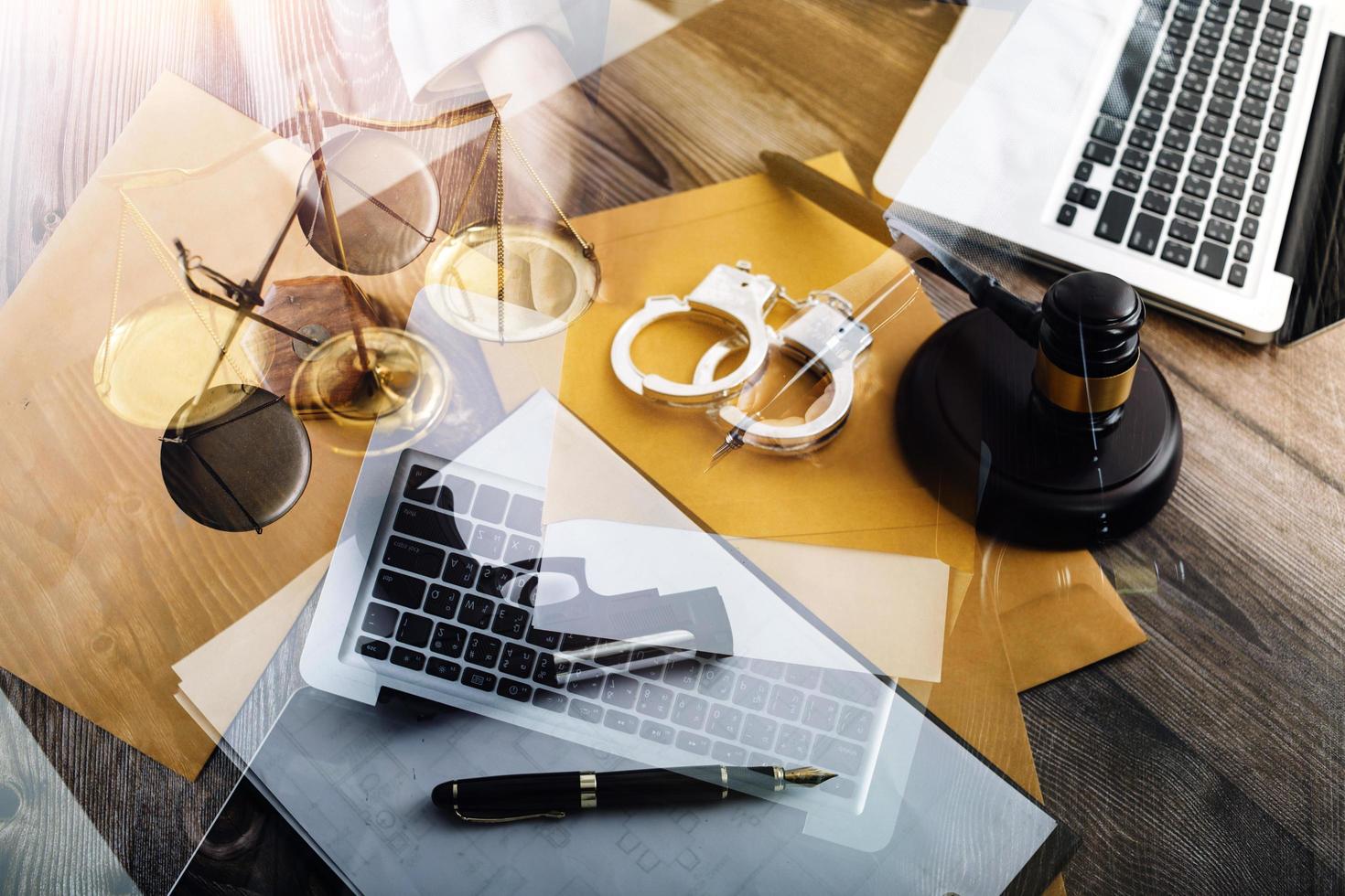 Business and lawyers discussing contract papers with brass scale on desk in office. Law, legal services, advice, justice and law concept picture with film grain effect photo