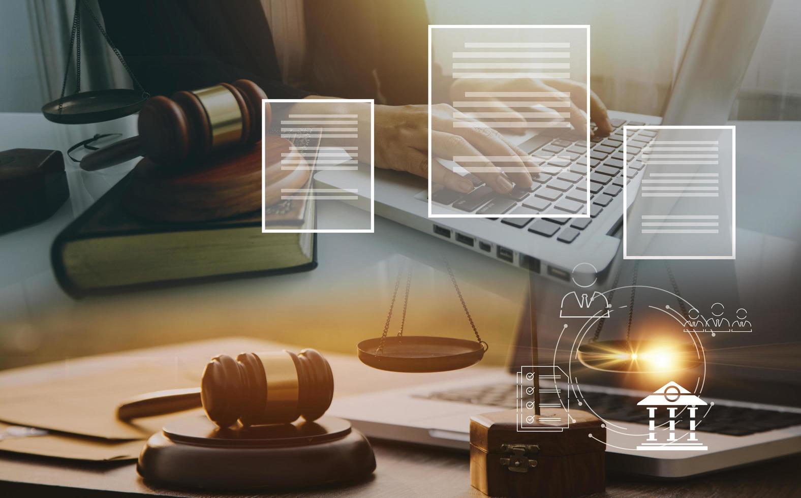 Business and lawyers discussing contract papers with brass scale on desk in office. Law, legal services, advice, justice and law concept photo