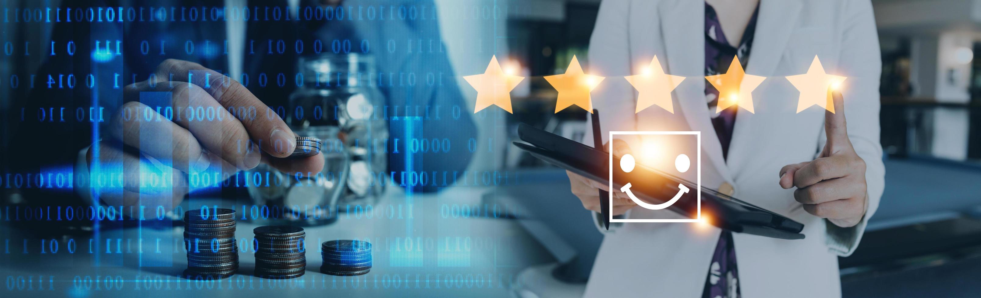 Customer evaluation feedback.men in suit Giving Positive Review for Client's Satisfaction Surveys.giving a five star rating. Service rating, satisfaction concept photo