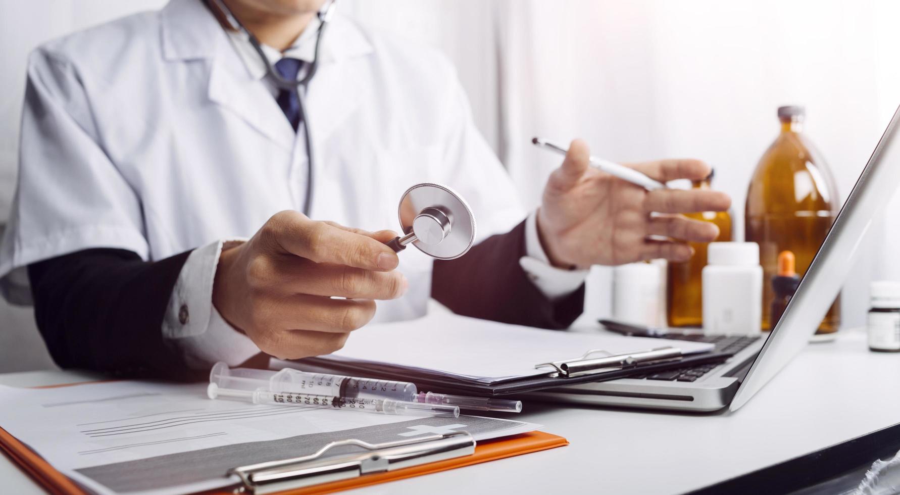 Double exposure of technology healthcare And Medicine concept. Doctors using digital tablet and modern virtual screen interface icons panoramic banner, blurred background. photo