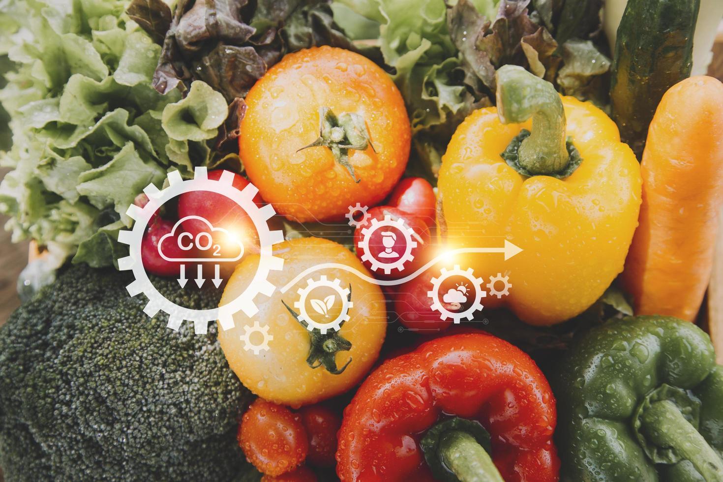Futuristic businessman farms vegetables and crops using modern AI technology using mobile phones, temperature and humidity sensors, water tracking, climate control, holographic data data icons. photo