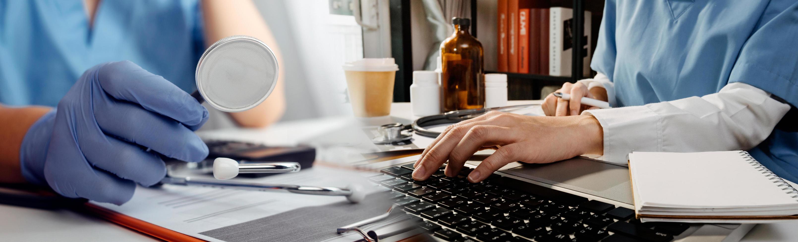 Double exposure of technology healthcare And Medicine concept. Doctors using digital tablet and modern virtual screen interface icons panoramic banner, blurred background. photo