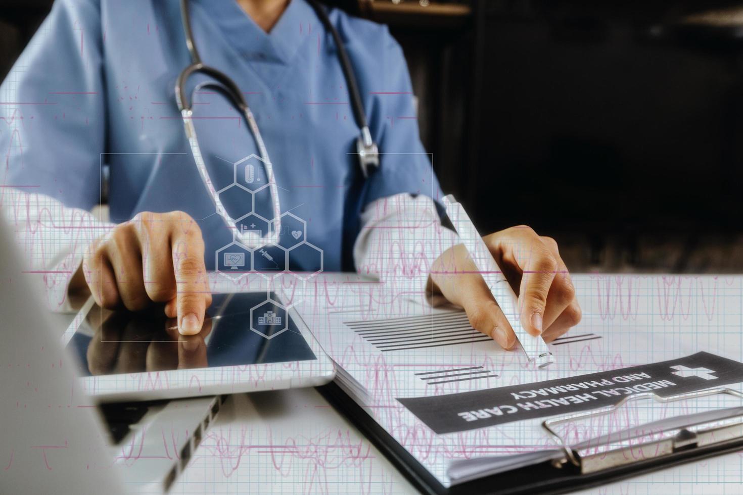 Double exposure of technology healthcare And Medicine concept. Doctors using digital tablet and modern virtual screen interface icons panoramic banner, blurred background. photo