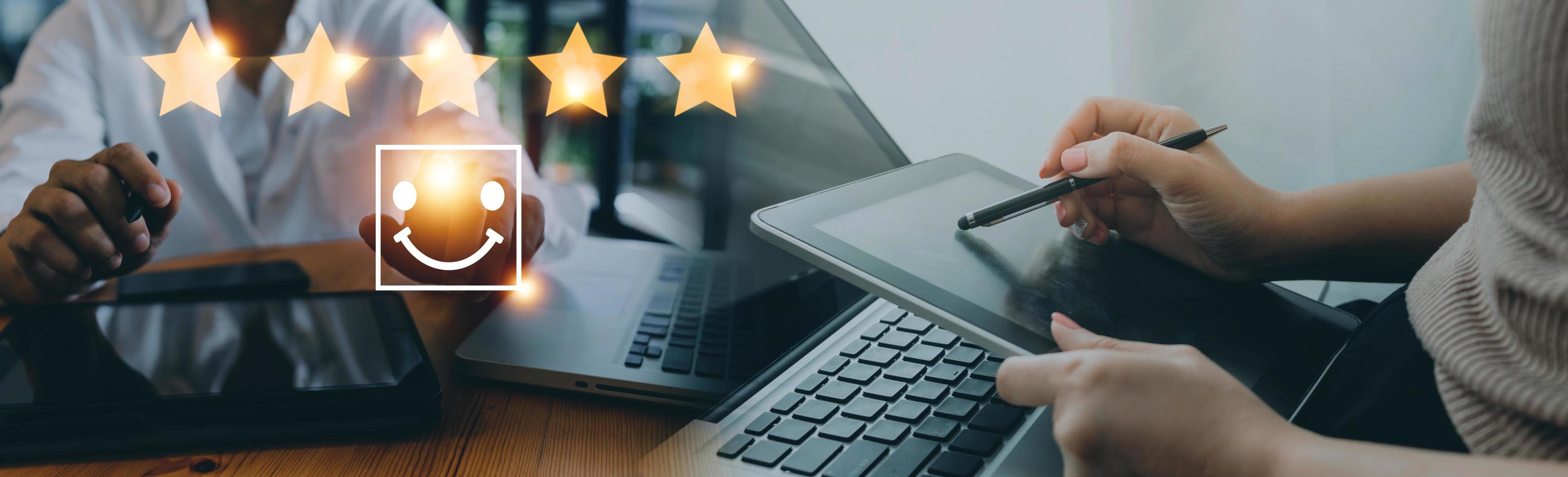 Customer evaluation feedback.men in suit Giving Positive Review for Client's Satisfaction Surveys.giving a five star rating. Service rating, satisfaction concept photo