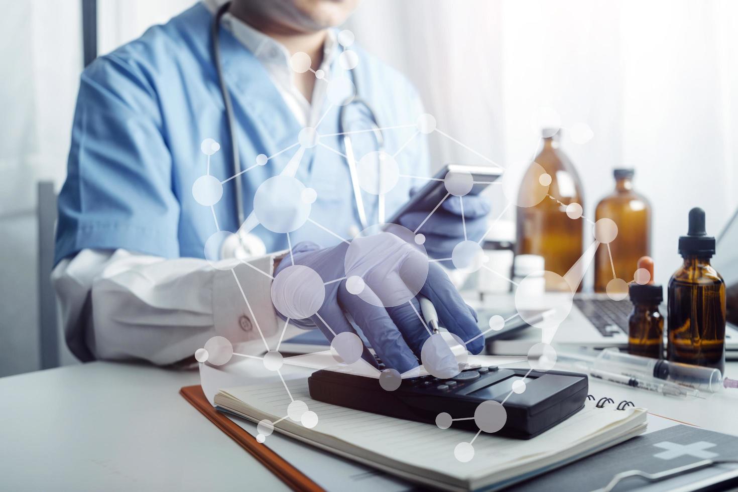 Double exposure of technology healthcare And Medicine concept. Doctors using digital tablet and modern virtual screen interface icons panoramic banner, blurred background. photo