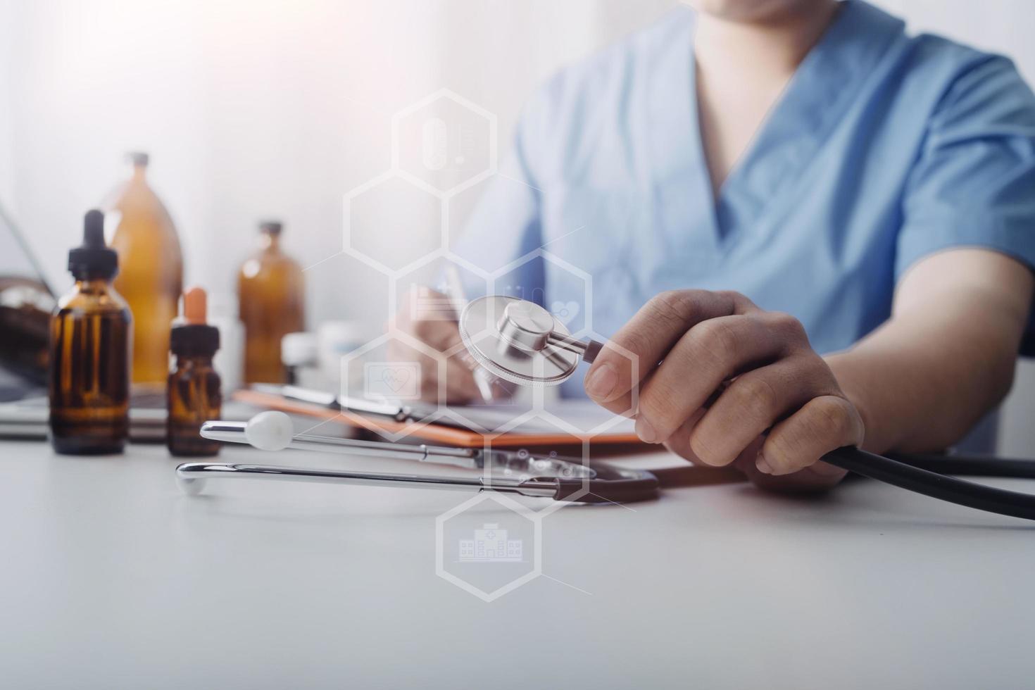 Double exposure of technology healthcare And Medicine concept. Two doctors using digital tablet and modern virtual screen interface icons panoramic banner, blurred background. photo