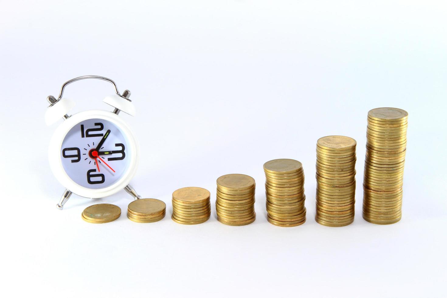 Alarm clock and money isolated on white photo