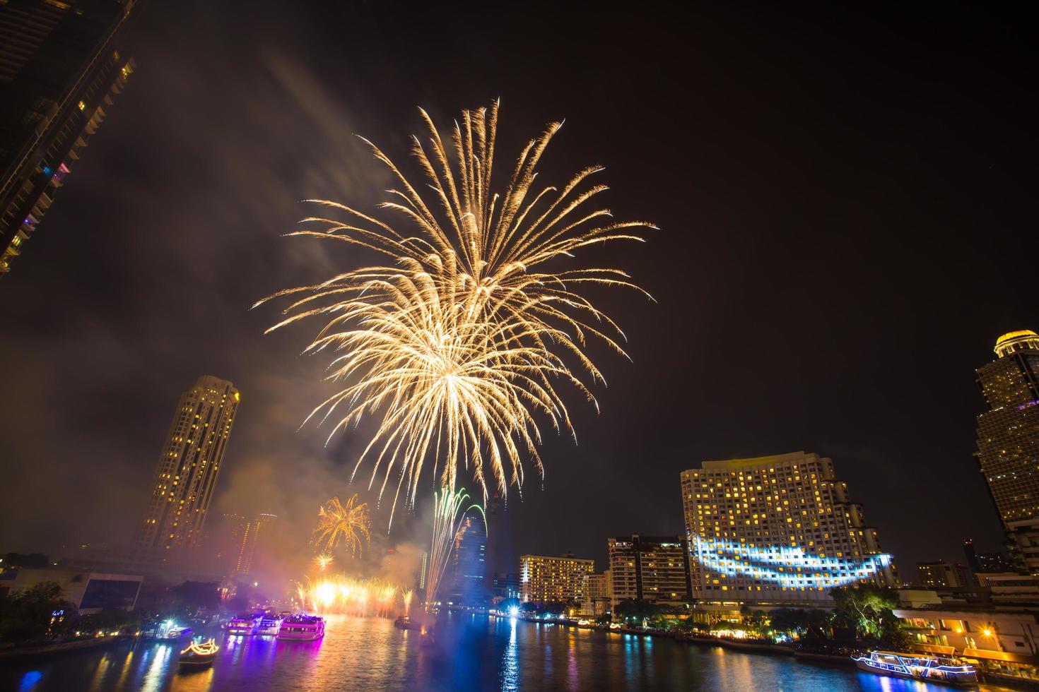 Firework at Chao Phraya River in countdown celebration party 2016 Bangkok Thailand photo