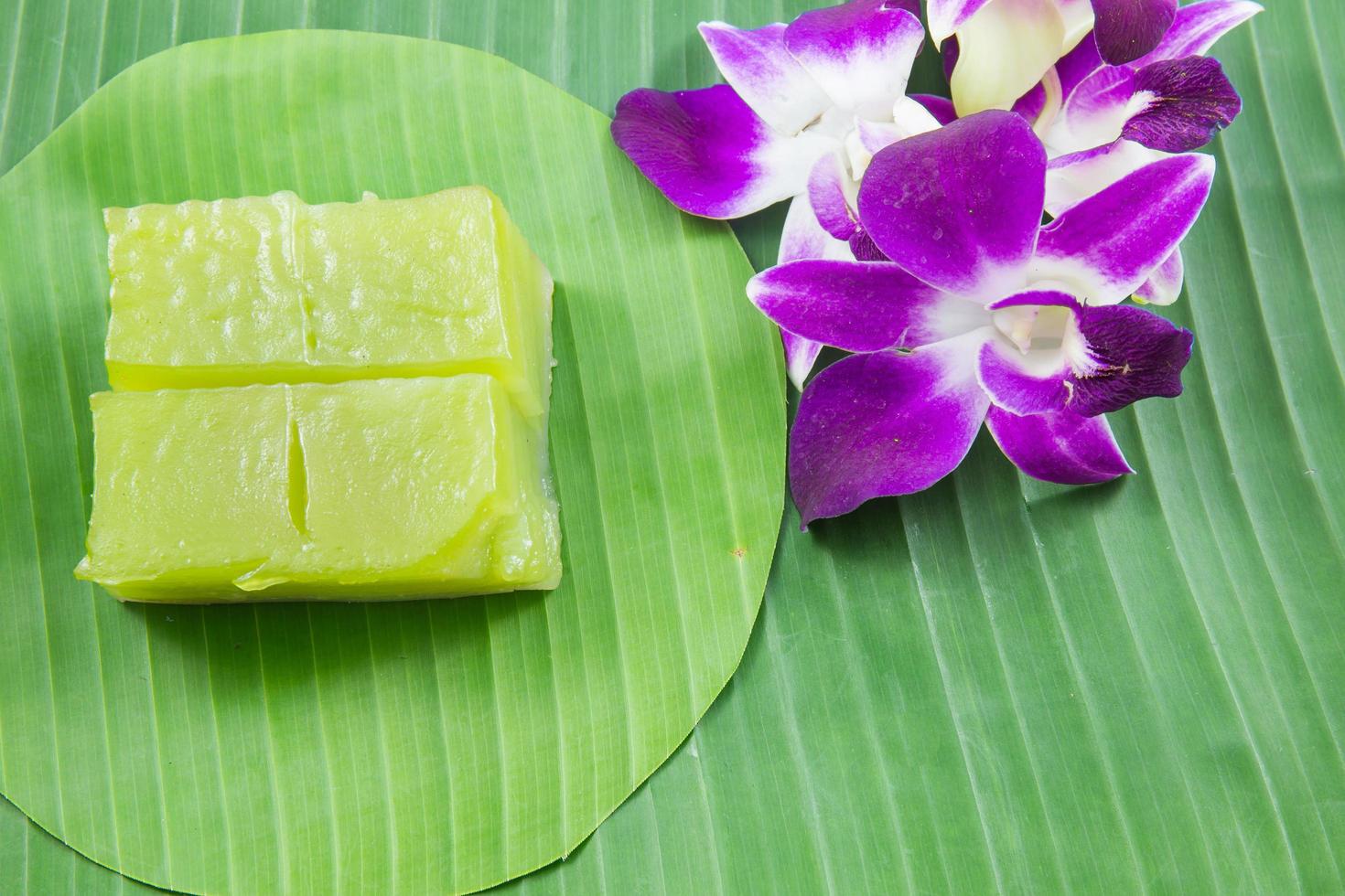 Kind of Thai sweetmeat, Multi Layer Sweet Cake Kanom Chan on banana leaf photo
