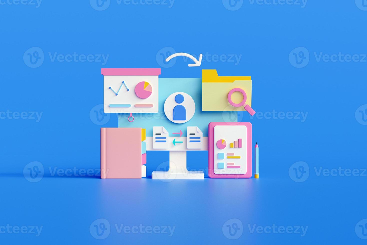 Data Analytic, online data. online documentation database and digital file storage system records keeping, database technology, file access, doc. 3D illustration. photo