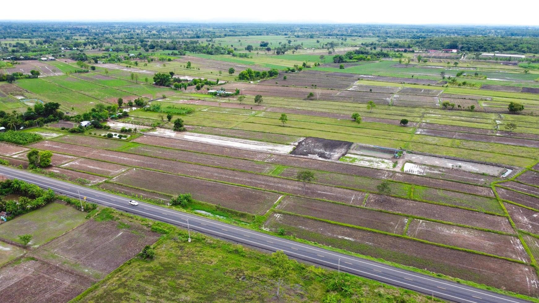 Aerial view of green fields and farmlands in rural Thailand. photo