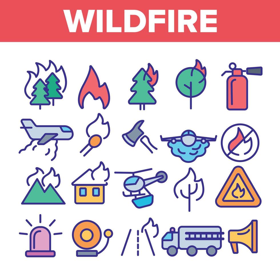 conjunto de iconos de línea delgada de vectores de incendios forestales, incendios forestales