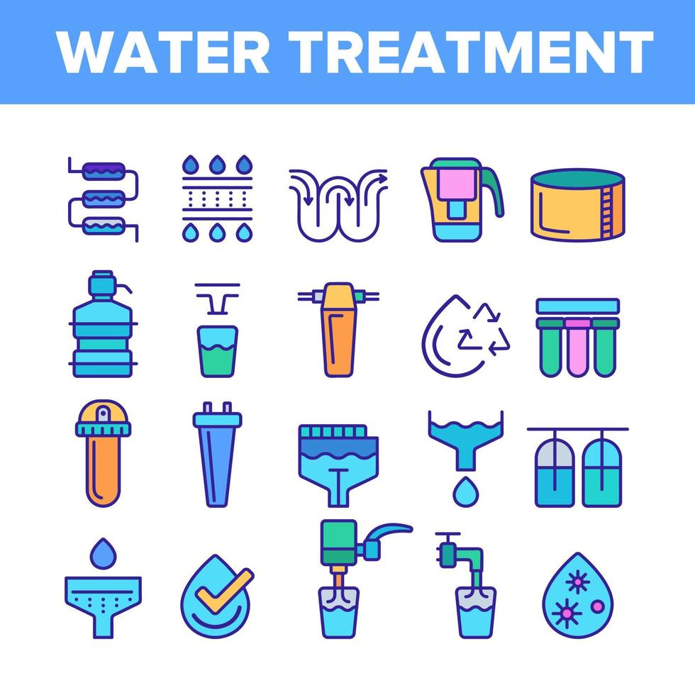 conjunto de iconos de línea de color de vector de tratamiento de agua