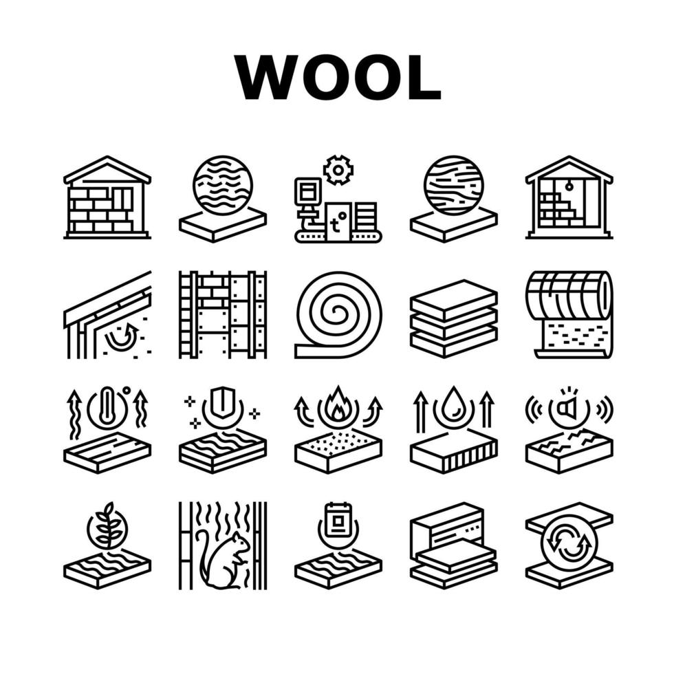 conjunto de iconos de colección de material de lana mineral vector