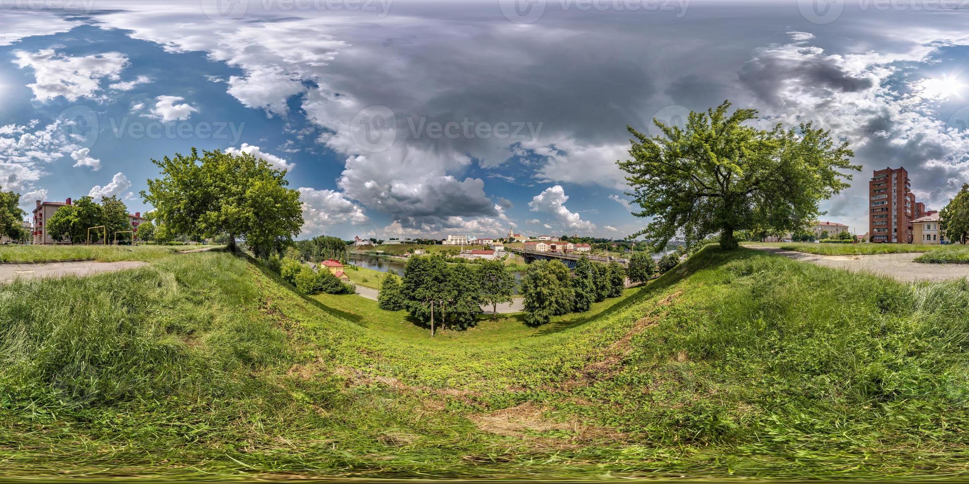 full seamless spherical hdri panorama 360 promenade overlooking the old city and historic buildings of medieval castle near wide river on mountain in equirectangular projection, VR AR content photo