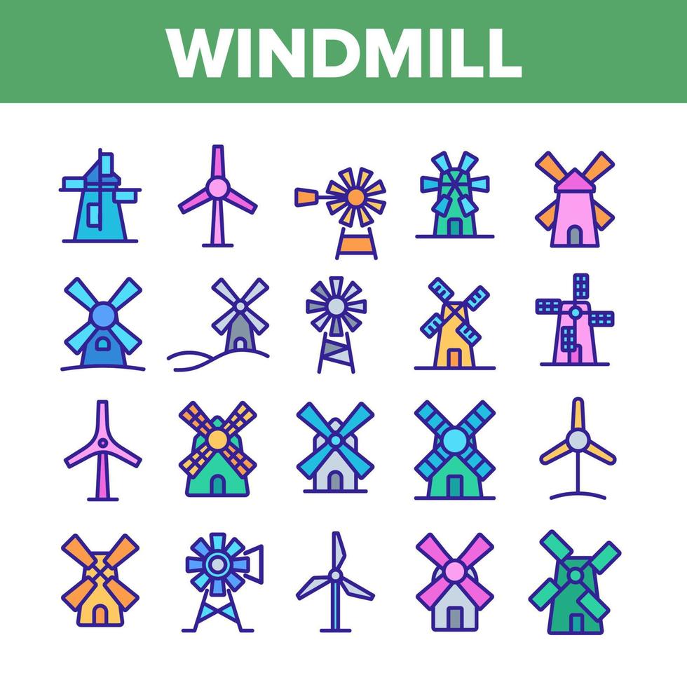 Windmill Building Collection Icons Set Vector