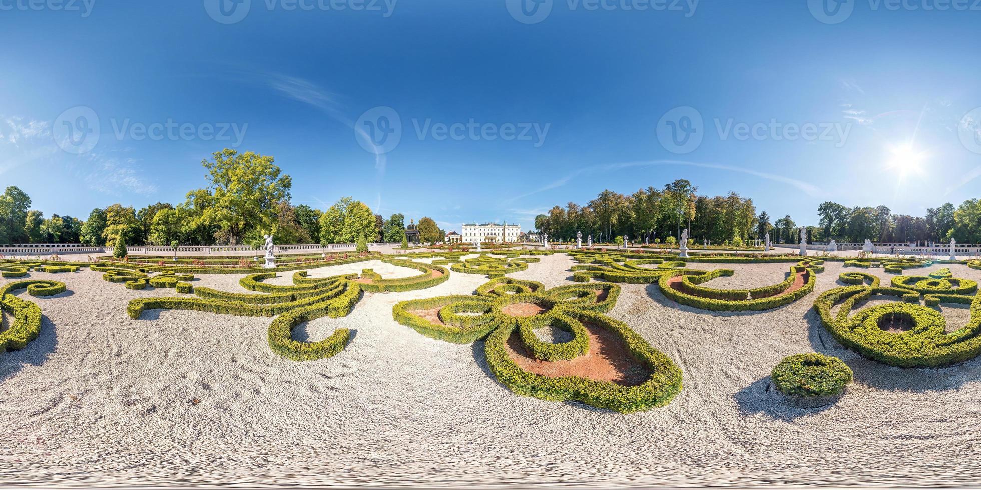 full seamless spherical hdri panorama 360 degrees angle view of city park near courtyard restored medieval castle with sculptures  equirectangular projection with zenith and nadir. for VR content photo