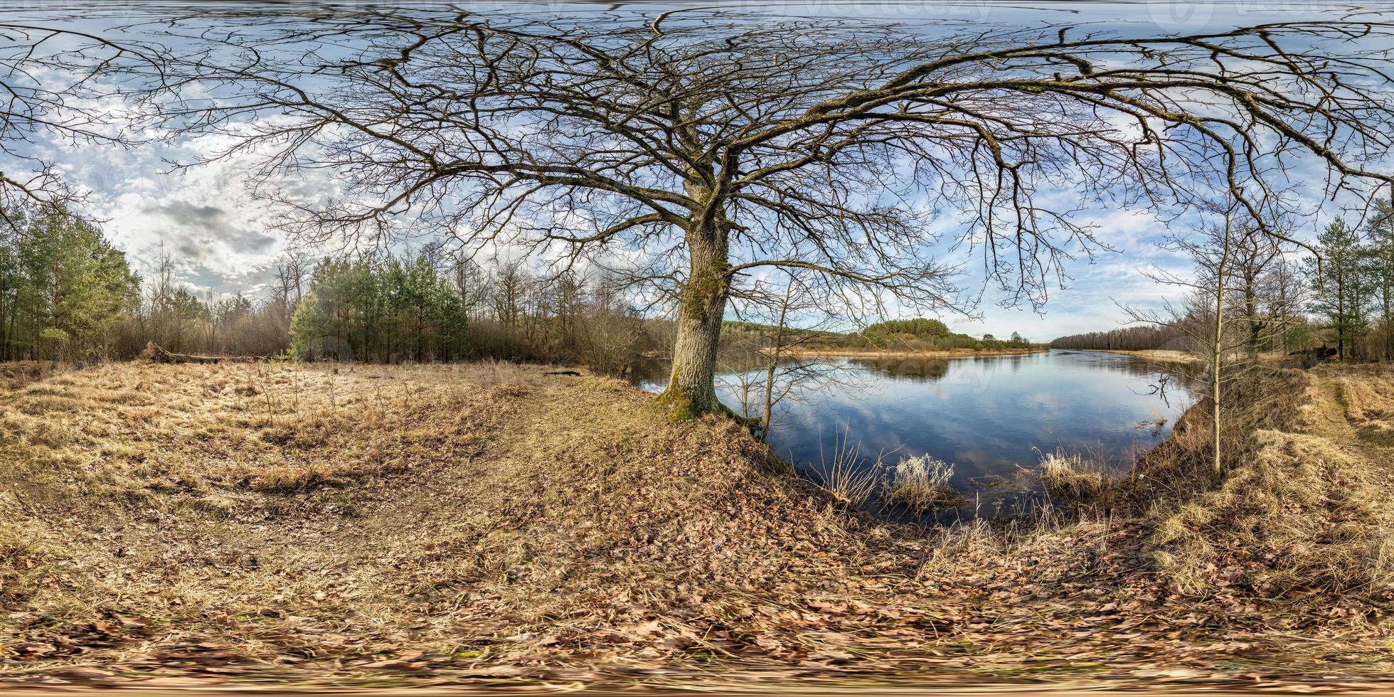 full seamless spherical hdri panorama 360 degrees angle view on pedestrian walking path among oak grove with clumsy branches near wide river in equirectangular projection with , ready VR AR content photo