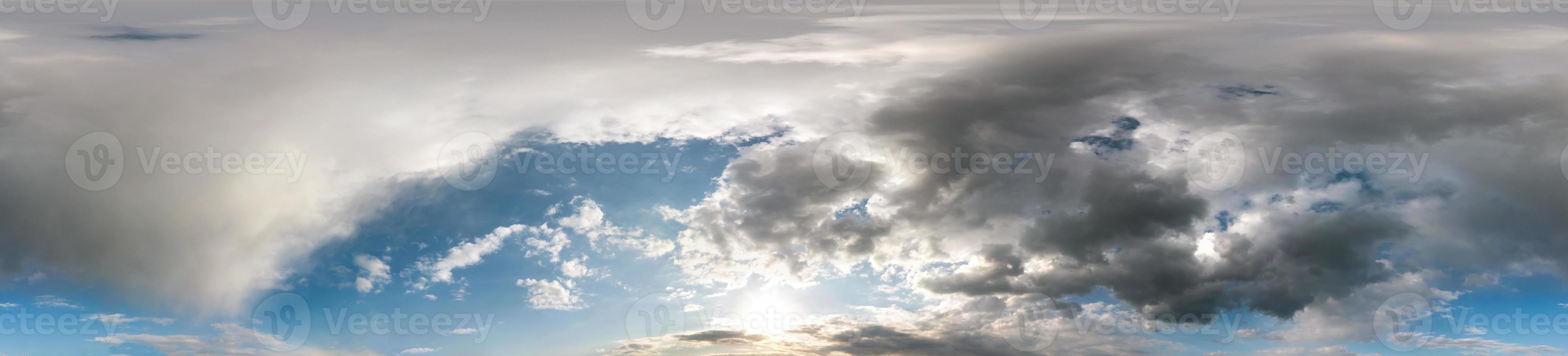 Seamless cloudy blue sky hdri panorama 360 degrees angle view with zenith and beautiful clouds for use in 3d graphics as sky dome or edit drone shot photo