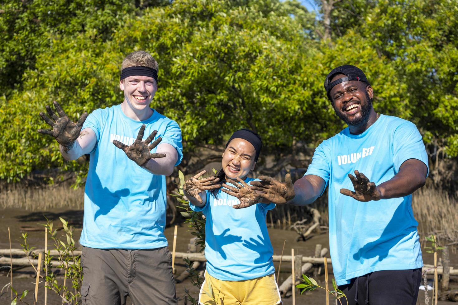 equipo de jóvenes y diversos grupos de trabajadores voluntarios disfrutan del trabajo social caritativo al aire libre en el trabajo de ONG de plantación de manglares para luchar contra el cambio climático y el calentamiento global en el proyecto de hábitat costero foto