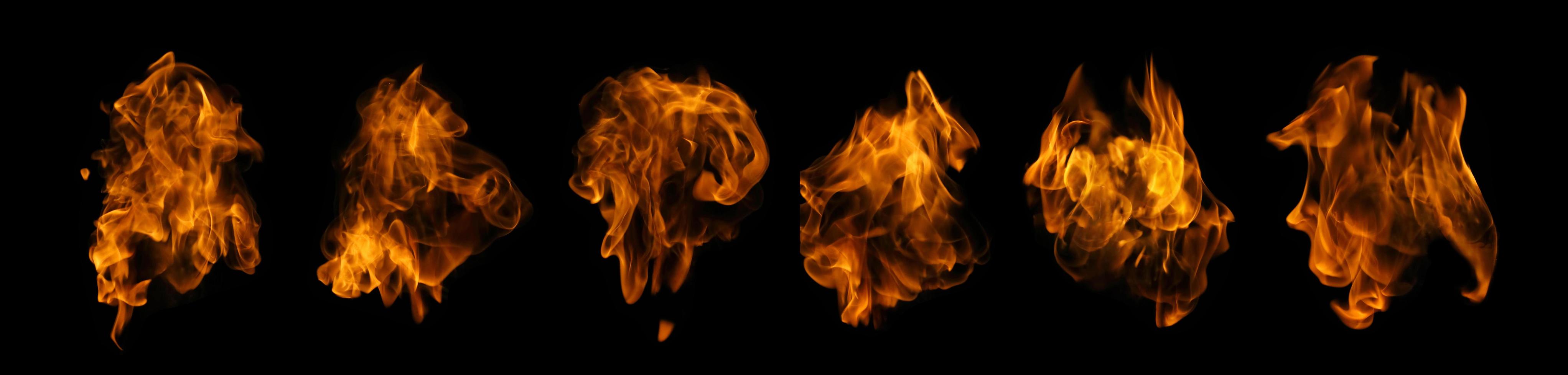 Fire collection set of flame burning isolated on dark background for graphic design usage photo