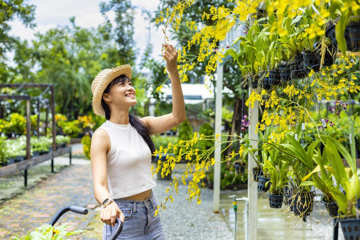 Young Asian customer is choosing yellow oncidium orchid plant from the local garden center nursery with summer plant in shopping cart for weekend vertical gardening photo