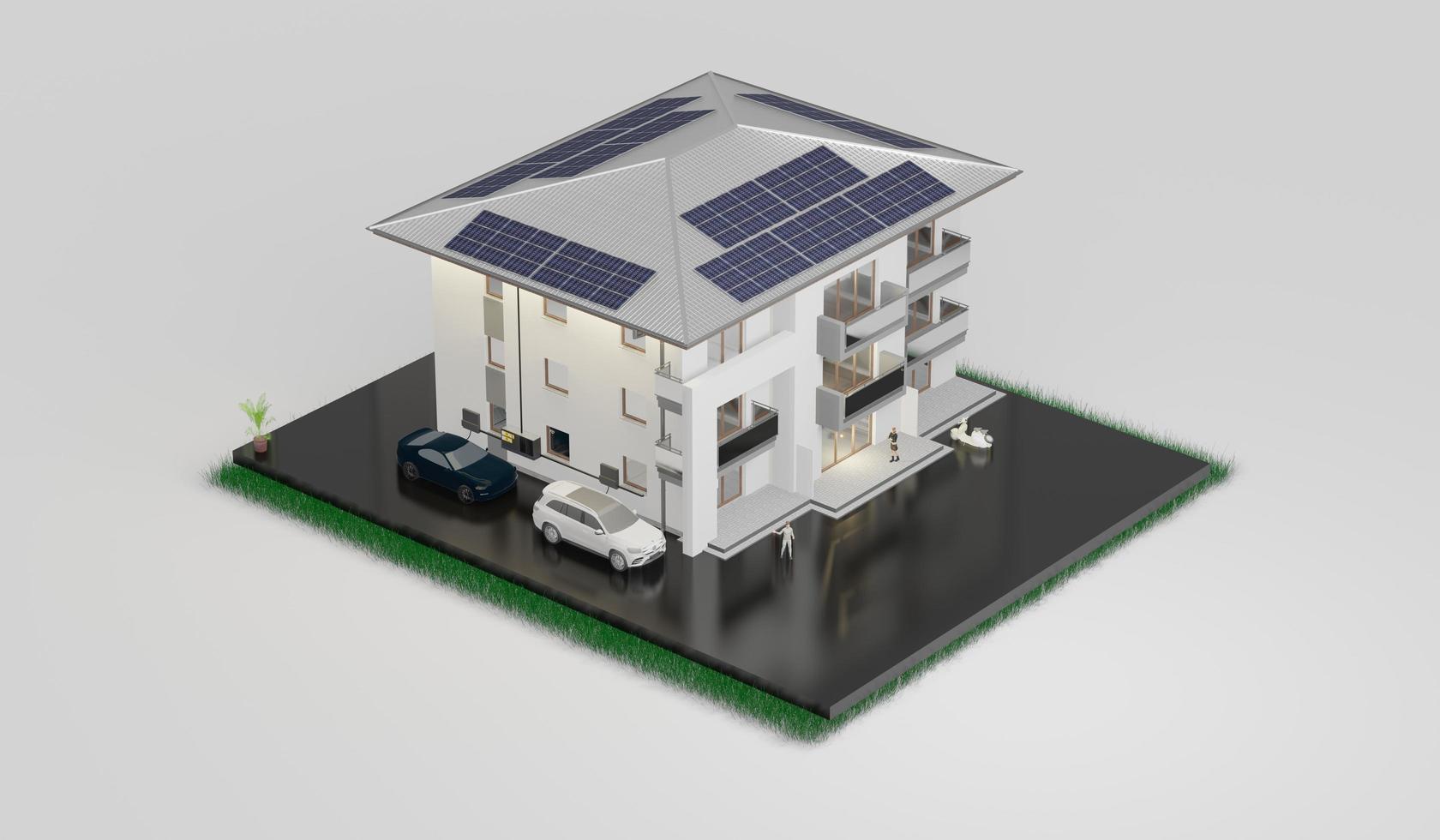 House roof with solar panels Smart home power system solar cells energy saving homes solar energy 3d illustration photo