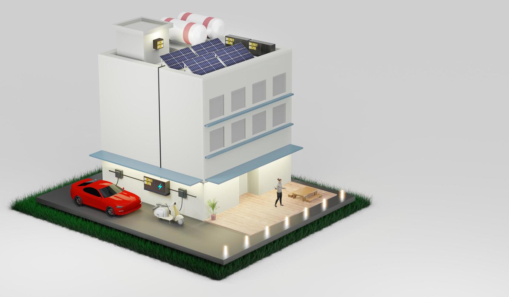 hogar inteligente energía solar fotovoltaica hogar ahorro de energía ecosistema sistema de hogar solar energía solar ilustración 3d foto