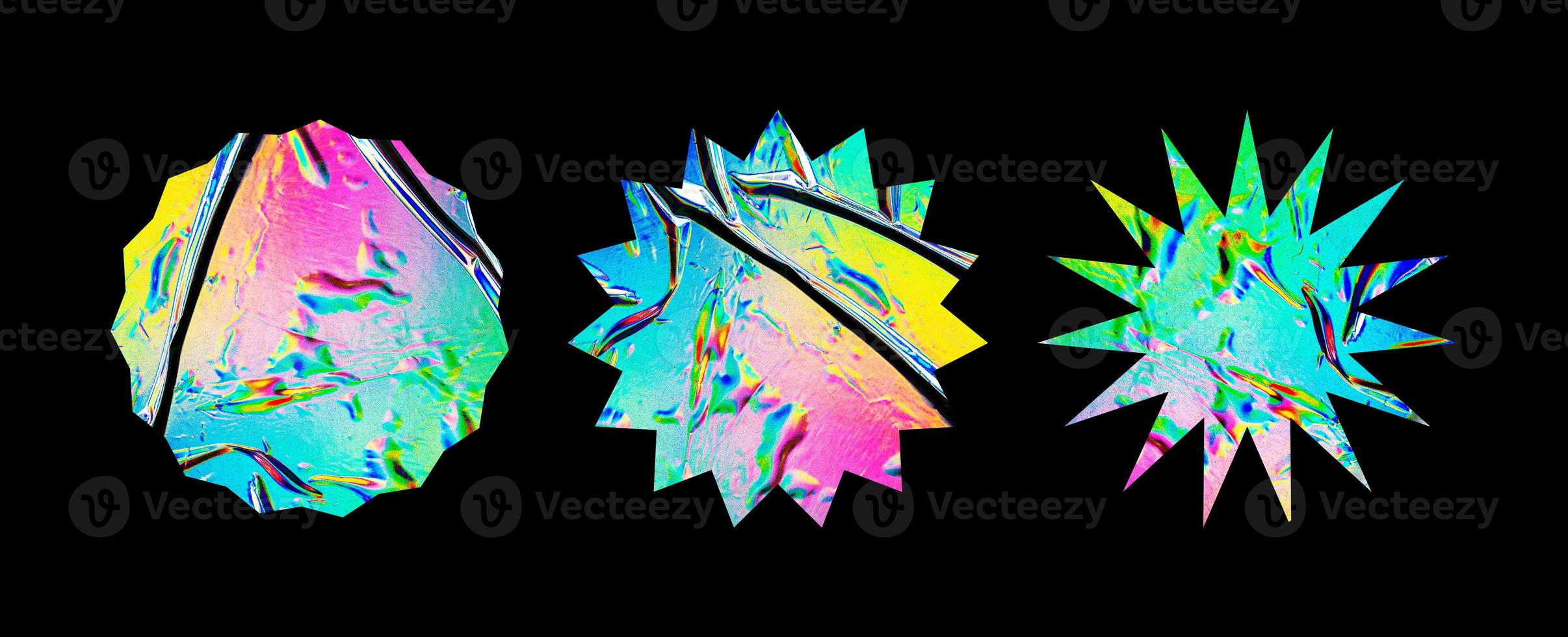 Collection of blank glued rainbow gradient sticker shapes for design mockups. Holographic plastic texture matted stickers for tags, labels, quality, design element, etc. photo