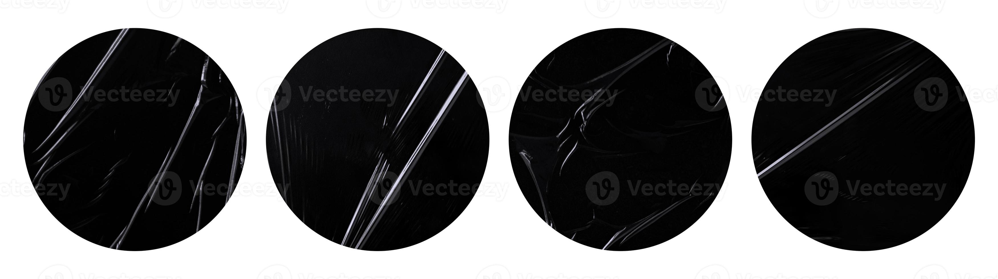 collection of blank plastic glued sticker for mockup design. set of round stickers in realistic wrinkled surface of adhesive plastic. template of  creative design element isolated on white background photo