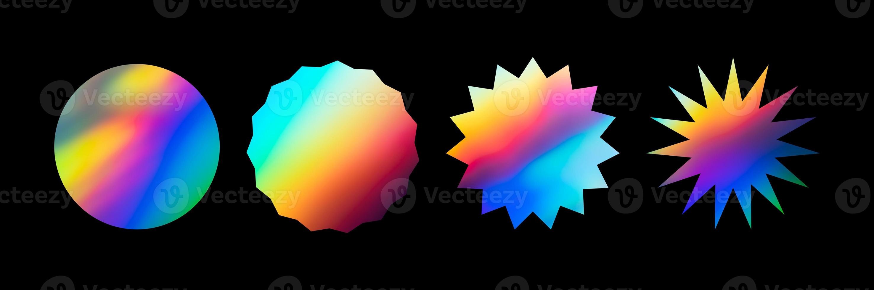 Collection of blank rainbow gradient sticker shapes for design mockups. Holographic plastic glued texture stickers for tags, labels, quality, design element, etc. photo