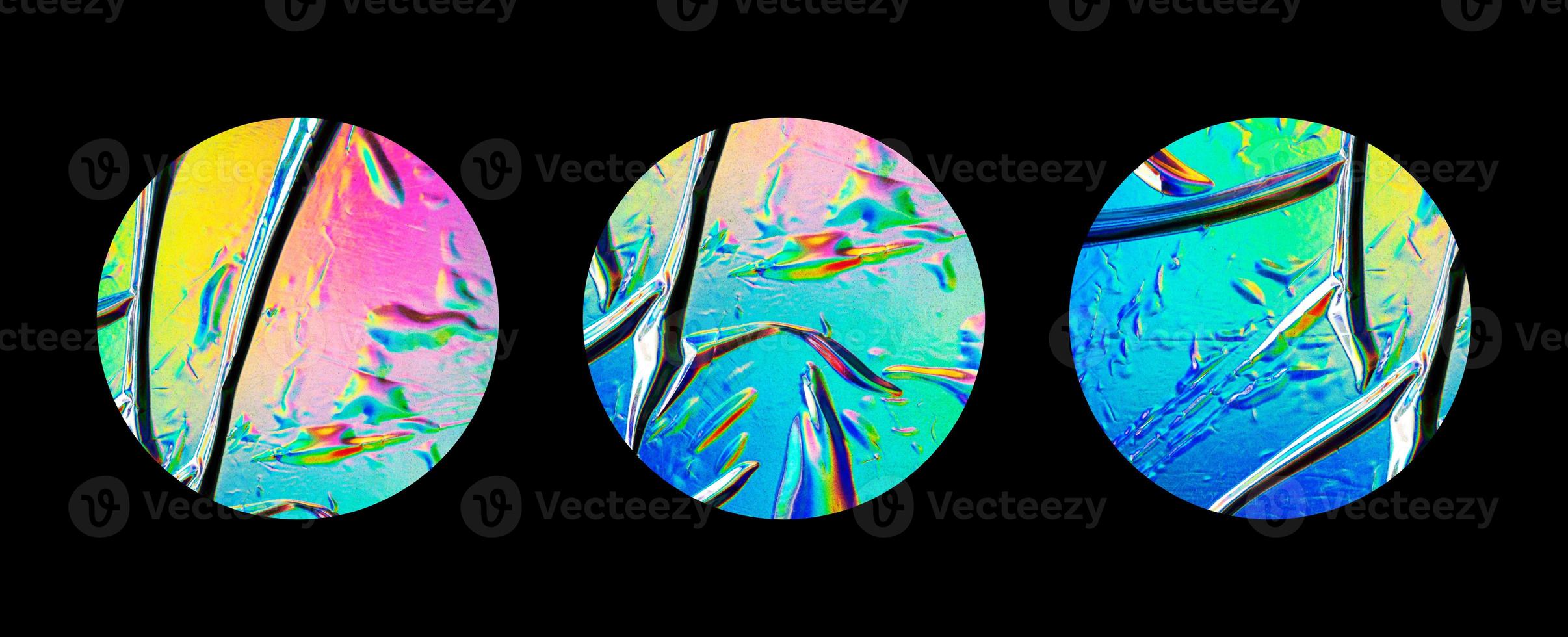 Collection of blank glued rainbow gradient sticker shapes for design mockups. Holographic plastic texture matted stickers for tags, labels, quality, design element, etc. photo