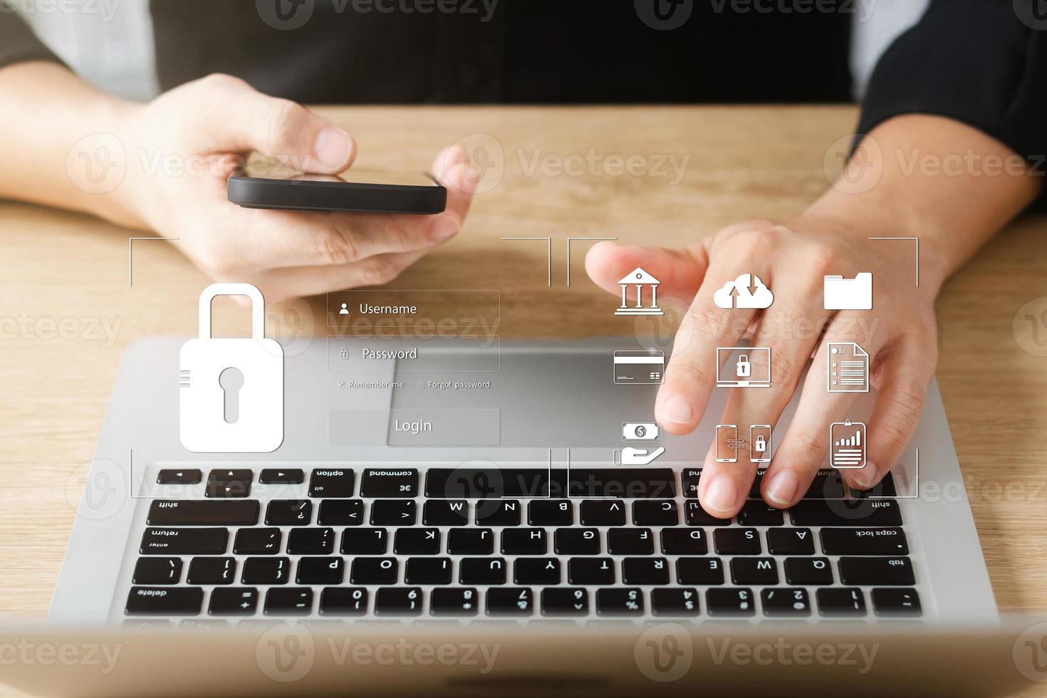 cybersecurity concept Global network security technology, business people protect personal information. Encryption with a padlock icon on the virtual interface. photo