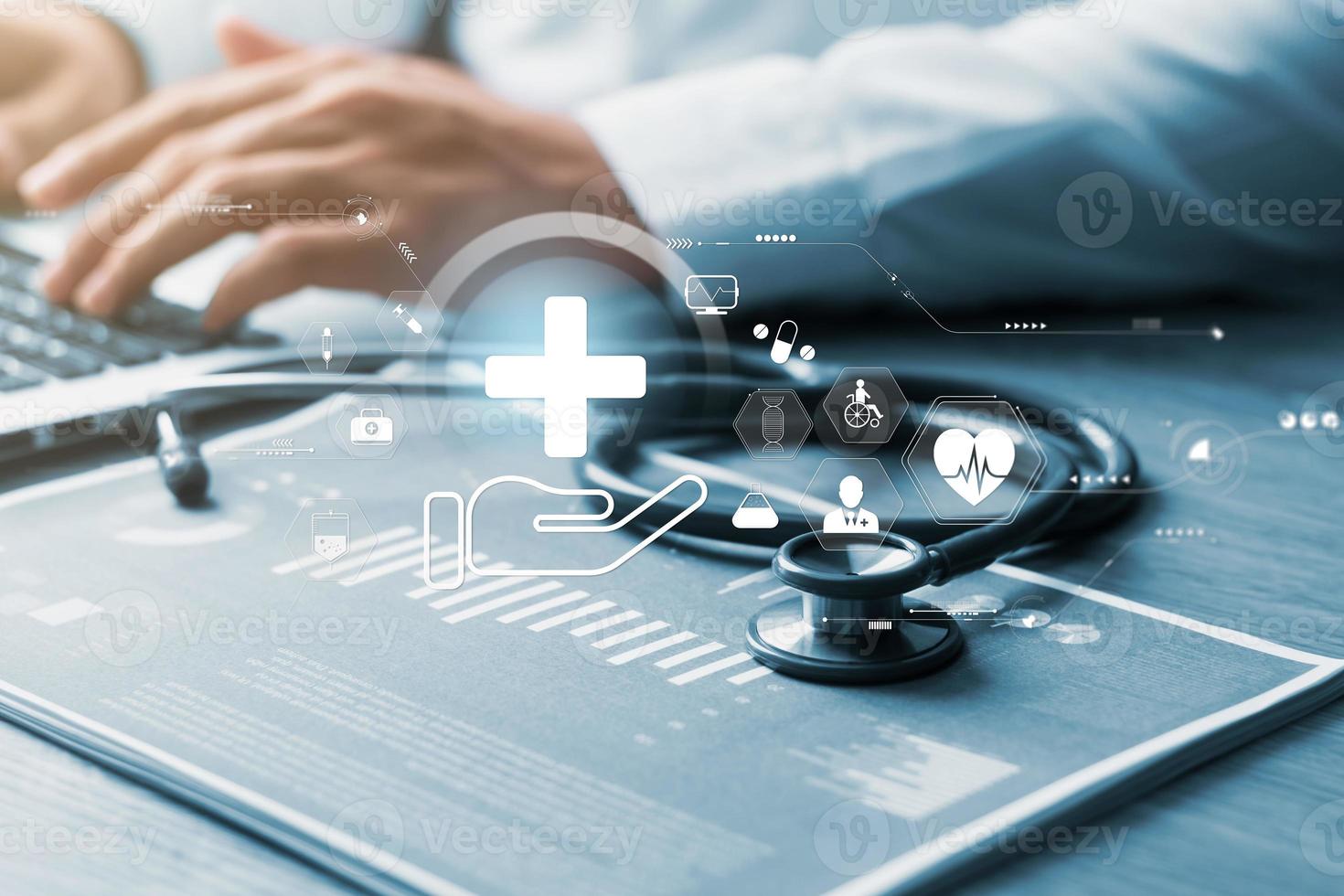 Health checks and healthcare, Doctors with stethoscope and medical icons, Digital healthcare and networking on modern digital future virtual screens photo